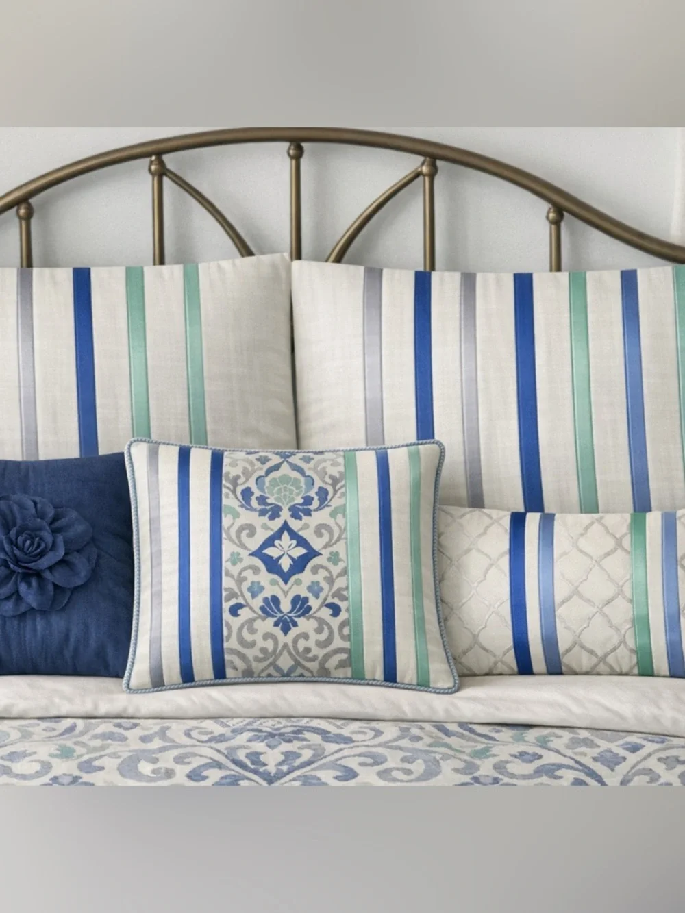 NWT Soft Cotton Jolie European Pillow Shams – Blue, Mint & Grey Stripes Set of 2